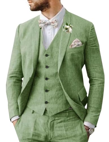 Men's 3 Piece Linen Beach Wedding Suit Slim Fit Casual Suits Groomsmen Jacket Vest Pant Prom Tuxedo Summer Suits Set