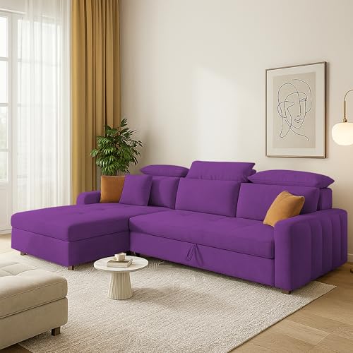 Image of Casaliving Gagnon LHS 4 Seater L Shape Corner Sofa Cum Bed for Living Room (Purple Fabric) Premium Fabric Sofa