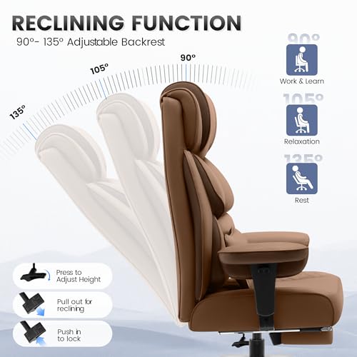 Image of BestGlory Office Desk Chair, Big and Tall Leather Gaming Chair with Footrest, Ergonomic Comfy Executive High-Back Reclining Computer Chairs, Wide Swivel Rolling Wheels and Padded Lumbar Support, Khaki