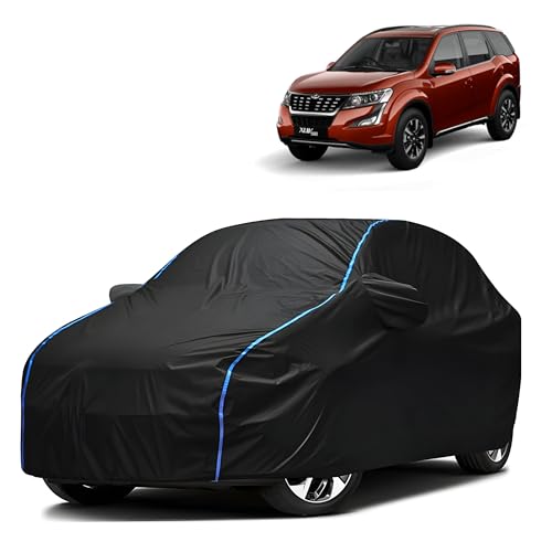 Image of Kerwa Car Body Cover Waterproof with XUV500, Dust & UV Resistant All-Weather Proof Full Body Cover, Black with Blue Lining, Triple Stitch Elasticated Bottom with Mirror Pocket