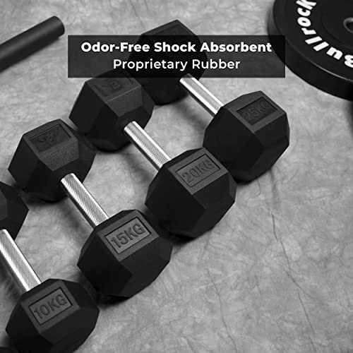 Image of BullrocK Hex Dumbbells with Fully Knurled Straight Handle for Home & Commercial Gyms Rubber Steel Dumbbell Set of 2.5kg to 50kg Pair (80kg Set (40kg x 2))
