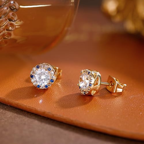 Round Cut Clear Cubic Zirconia Stud Earring for Women and Men, 14K Yellow Gold Plated Hypoallergenic Halo Earrings with Blue CZ2