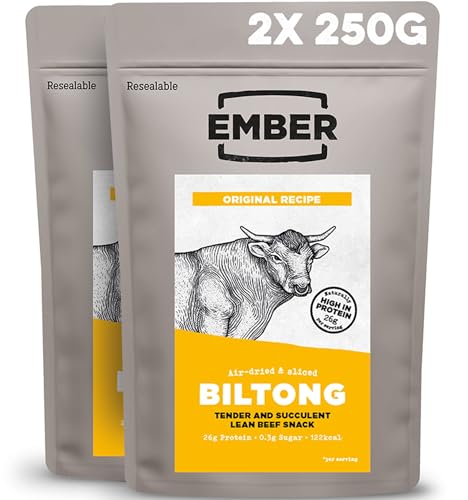 Ember Rindfleisch Biltong Original 500 g - Proteinreicher Trockenfleisch Beef Jerky Snack - Fettarm, Keto, ohne Zuckerzusatz, keine Künstlichen Farb- und Aromastoffe - 2 x 250-g-Verschlussbeuteln