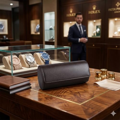 Image of essart Luxury Watch Storage Case - Premium Leather Organizer Box for Exclusive Timepieces, Elegant Display & Protection for Collectors (WR-1013-Snakebit-Brown)
