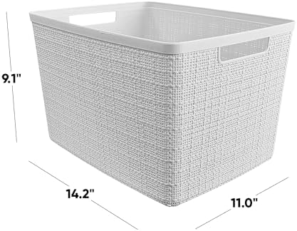 Curver Set of 4 Jute Large Decorative Plastic Organization and Storage Baskets Perfect Bins for Home Office, Closet Shelves, Kitchen Pantry and All Bedroom Essentials, White, 4