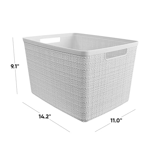 Curver Set of 4 Jute Large Decorative Plastic Organization and Storage Baskets Perfect Bins for Home Office, Closet Shelves, Kitchen Pantry and All Bedroom Essentials, White, 4