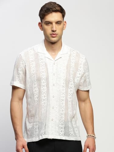 Image of SHOWOFFFF Men Solid Casual Shirt | Cuban Collar Half Sleeves Cotton Shirt for Mens | Relaxed Fit Regular Length Shirt for Men's