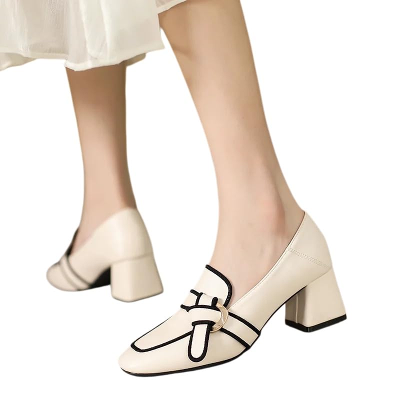 Scarpe Tacco Donna,Stile retrò, Testa Quadrata, Tacchi Spessi, Pelle Morbida