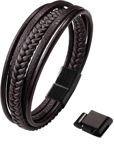 Zinello Design Bracelet en cuir pour ado garçon/jeune homme – Cuir véritable, fermoir aimanté acier inoxydable, taille ajustable 14 à 18,5 cm, coffret...