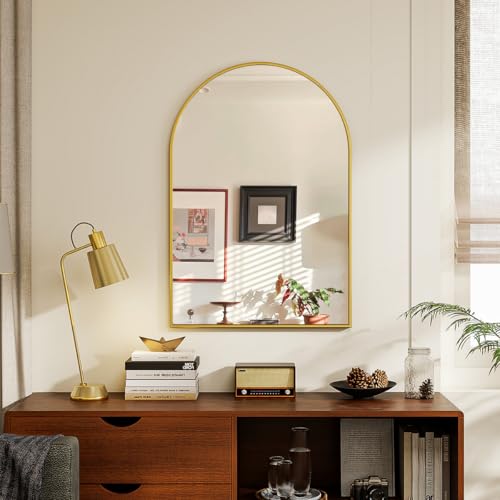 BEAUTYPEAK Bogen Wandspiegel mit Gold, 76x51 cm Bruchsichere Aluminiumlegierung Rahmen Bad Spiegel, Wand montierbar und zuverlässige Bogen Wandspiegel, geeignet für Schlafzimmer, Eingang, Bad