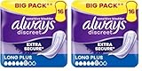 Always Discreet Incontinence Pads, Long, Plus, 16 Towels, Bigger Pack, Odour Neutraliser, for Sensitive Bladder (Pack of 2)