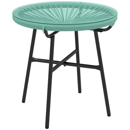 Outsunny Table Basse Ronde de Jardin en résine Aspect rotin métal et Plateau Verre trempé Ø 50 x 50 cm Vert