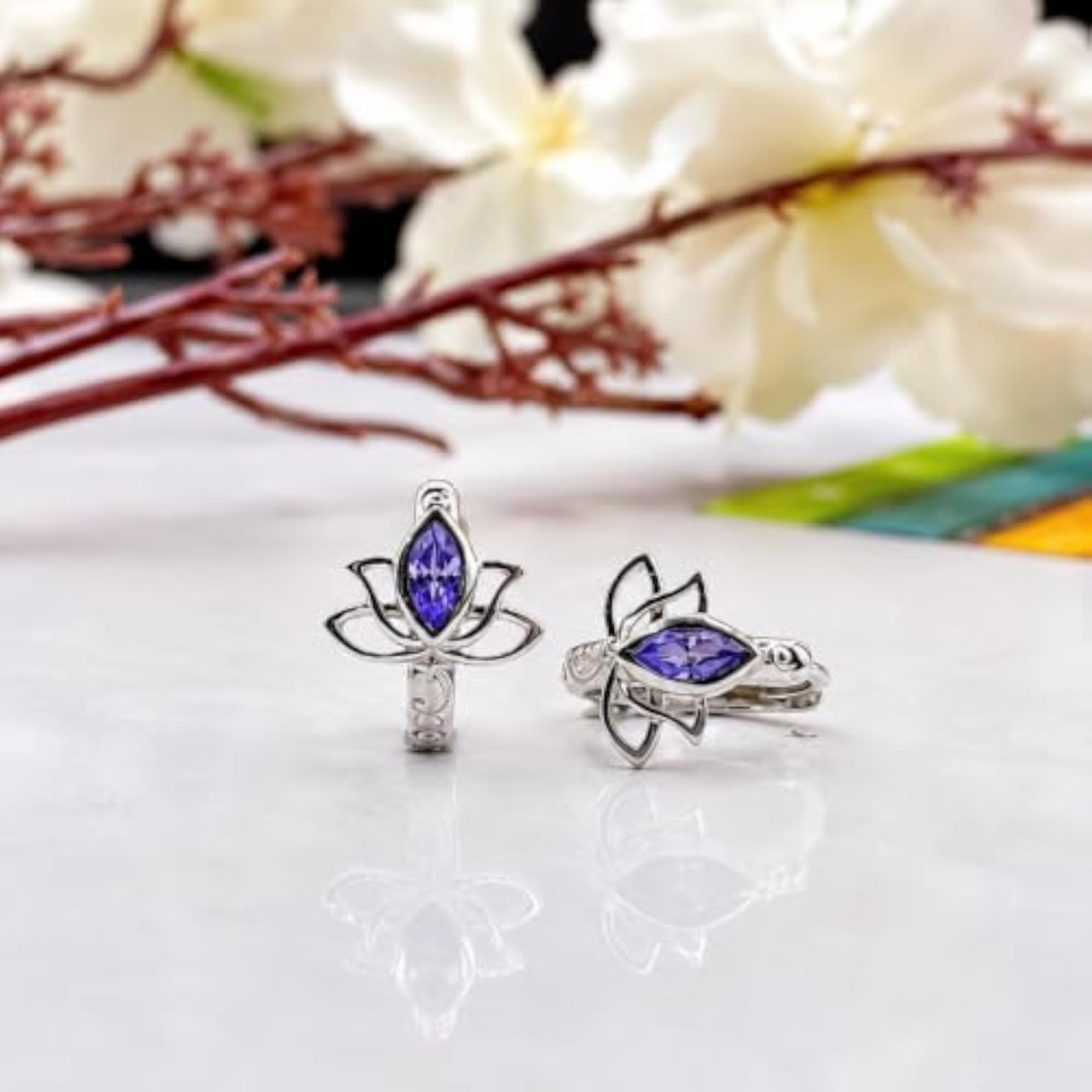 Women's 925 Sterling Silver Lotus Purple CZ Hoop Earrings