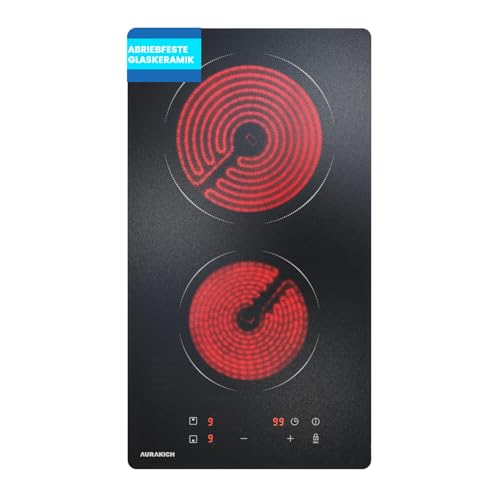 AURAKICH Glaskeramikkochfeld 2 Platten, Einbau-Kochfeld mit Abriebfeste Glaskeramik, 2 Jahre Garantie, 3000W, 9 Leistungsstufen, Timer 1-99 Min, Kindersicherung, mit Stecker, für alle Töpfe