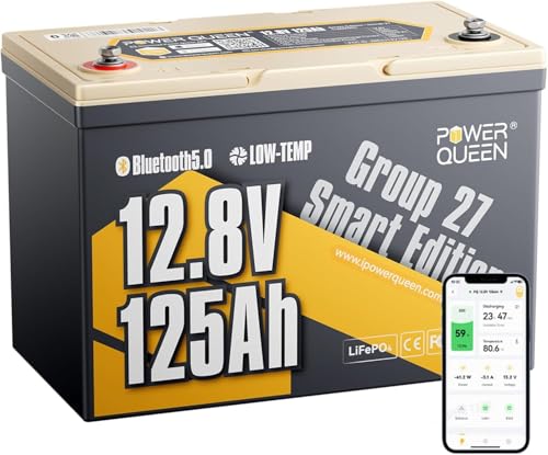 Image of Power Queen 12V 125Ah Lithium Battery, Group 27 Bluetooth LiFePO4 Battery with Low-Temp Protection, 1600Wh Energy Max. 15000 Cycles for RV, Solar System, Trolling Motor