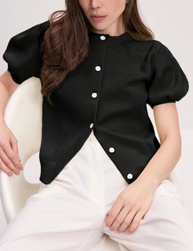 Womens Lightweight Puff Short Sleeve Cardigan Sweater Summer Y2k Cropped Knit Button Up Blouse Tops3