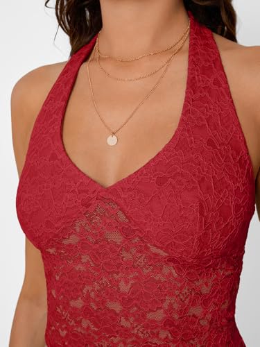 Trendy Queen Womens Going Out Tops Lace V-Neck Sleeveless Double Lined Halter Y2K Sexy Crop Fashion Tank Top 20254