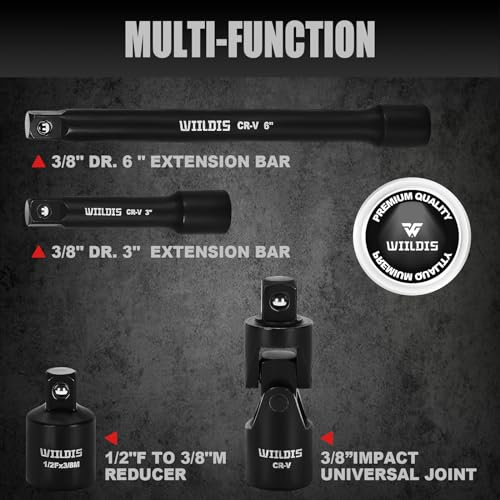 Image of WIILDIS 3 /8 inch Drive Impact Socket Set, 48-Piece Standard SAE (5 /16 inch to 3 /4 inch) and Metric (8-22mm) Size, CRV,3 inch and 6 inch Drive Extension Bar,Impact Universal Joint,3 /8 inch to 1 /2 inch Impact Adaptor