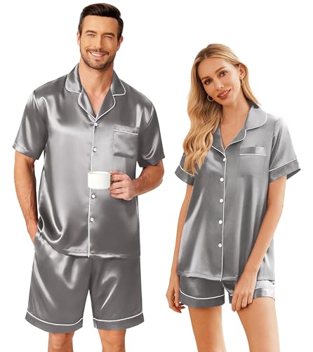 Image of Ekouaer Couple Matching Pajamas Sets Silk Short Sleeve Button Down Sleepwear Satin Pjs Shorts Set Soft Loungewear S-XXL