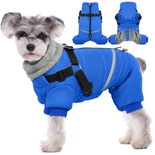 Image of BRKURLEG Blue Dog Winter Coat, Cozy Winter Dog Jackets, Small Dogs Coat with Harness, Onesie Body Warm Puppy Christmas Jacket, Pet Reflective Cold Weather Jackets, Puppy Four-Legged Puffer Coats,L