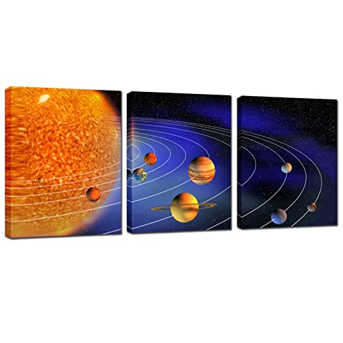 Solar System Planet Galaxy Wall Decor - Canvas Wall Art Framed Outer Space Artwork Orbital Earth Sun Moon Paintings 3 Pieces 12 x 16 Inches Universe Home Decoration For Bedroom Living Room Decor