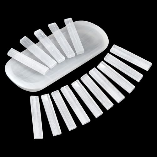Shentay 5.7 Selenite Crystal Bowl and 15 Pcs Selenite Sticks Long Selenite Charging Bowl for Cleaning Home Decor and Crystal Healing Small Storage Tray