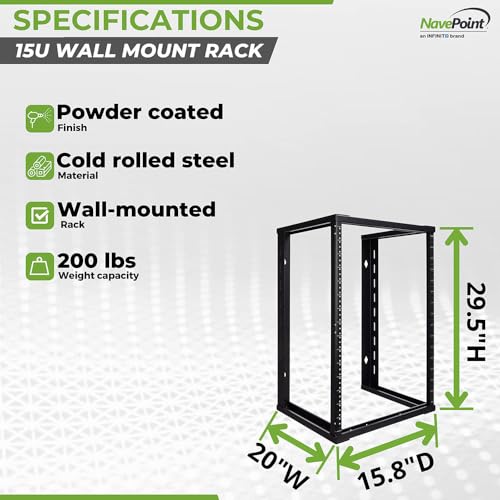 Image of NavePoint 15U Wall Mount Rack - Server Rack for 19 Inch IT Equipment Open Frame Rack - Network Rack for AV & Server Equipment 16 inch Deep Rack, Black