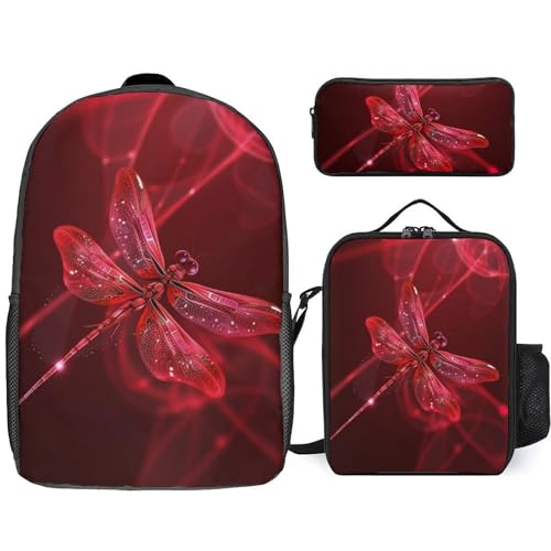 3 Piece Backpack for Women Men Lightweight Causal Daypack Shoulder Bag Set with Insulated Lunch Bag And Pencil Case Organizers Abstract Red Dragonfly