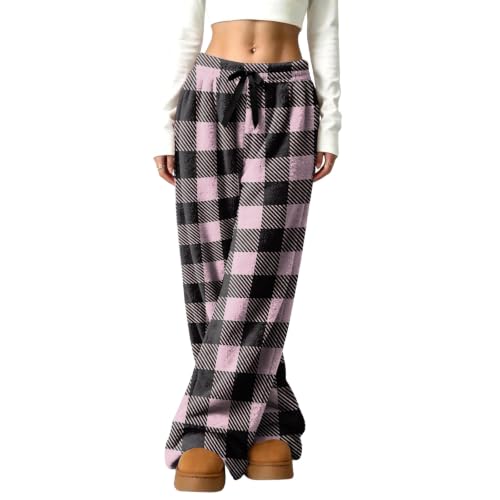 Wide Leg Pajama Pants for Women Comfort Checkered Flannel Fuzzy Pants | Lightweight, Fuzzy, Checkered, Low Waisted, Comfortable, Warm, Pajamas Bottom, Routine, Weeekend, Casual, Fall Outfits - image 4