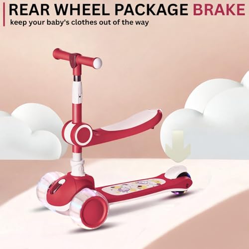Image of Kids Scooter with Seat | 3 Wheel Foldable Toddler Scooter |4-Level Adjustable Handlebar Height | Lean-to-Steer, LED Wheels | Portable Kick Scooter for Boys & Girls Ages 3-12 (KS-267 Red)