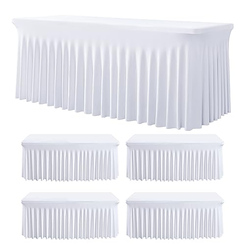 Image of 5Pack Spandex White Tablecloth for 6 Foot Rectangle Tables, Wrinkle Free Stretch Table Cloths 6ft Fitted Table Cover Desk Skirt for Parties Weddings Birthday Banquet Baby Shower
