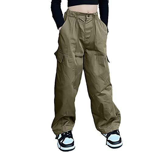 Image of Rolanko Girls Cargo Pants Wide Leg Streetwear Kids Pants with Pockets Trendy Jogger Trousers 4-14 Years