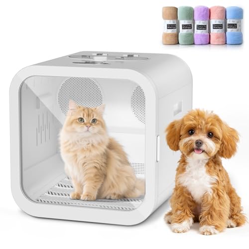 DuckSky 70L Automatic Pet Hair Dryer Box Dual Motor Fans Blower for Small Dogs and Cats 360 Drying Grooming Temp Control Self-Dryer Boxes with 4 Adjustable Wind & 5 Drying Modes 5 Towels White