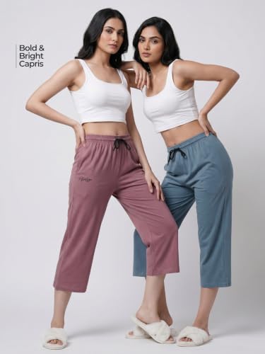 Image of Fflirtygo Women's Cotton Plain Calf Length Capri | Nightwear Short Pyjama | 3 /4th Solid Pyjama Pant | Regular Fit Casual & Lounge Wear Capri Combo (Pack of 2)
