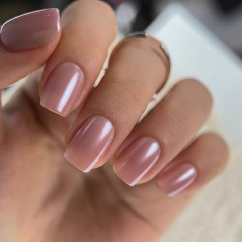 Image of CurLife Press On Nails Short Square, Pink Pearl Clean Girl Fake Nails, Mirror Powder Stick On Nails, Reusable Acryic Nails for Women Daily Wear, 16 Sizes - 32 Nail Kit with Glue & Adhesive Tabs