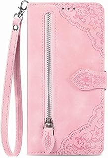 NEXCURIO Zip Wallet Case Compatible with Samsung Galaxy A22 5G Phone Case Wallet with Credit Card Holder Strap Stand Women Leather Flip Case Floral Folding Cover Shockproof - Pink