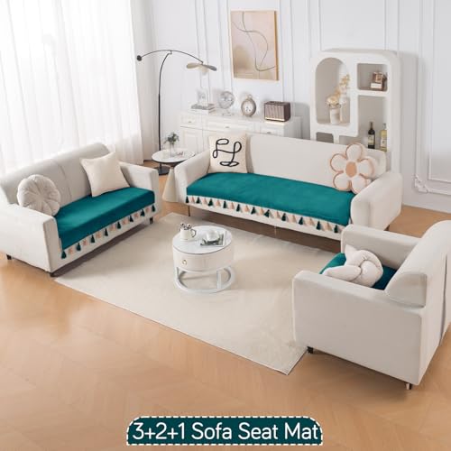 Image of HOKIPO 6 Seater Sofa Cover Mat with Tassel in 3+2+1 Configuration | Dyed Holland Velvet Fabric | 'TasselTone Series' | Teal (IN-1108+1106+1104-TL)
