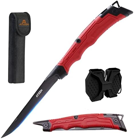ATISEN Folding Fillet Knife, Razor Sharp 6" G4116 German Stainless-Steel Blade, Pocket Knife with Non-Slip Handle, Protective Sheath, Knife Sharpener, Perfect for Fishing/Camping/Hunting/Kitchen