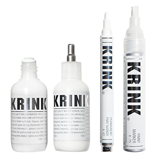 Krink Paint Marker 4-Pc White Set - Graffiti Markers Pack of 4 Includes K-60 Mop - K-66 Ball-Point - K-42 Bullet-Tip - K-75 Chisel-Tip - Alcohol-based White Paint Marker Set for Multiple Surfaces