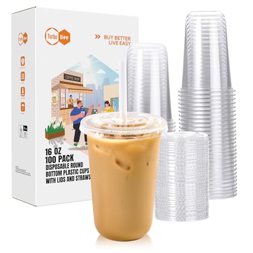 Turbo Bee 100 Pack - 16 OZ Round Bottom Plastic Cups with Lids and Straws Disposable Clear Iced Coffee Cups with Lids for Cold Drinks and Beverages