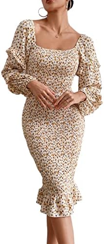 PRETTYGARDEN Women's Long Puff Sleeve Floral Midi Bodycon Dresses Square Neck Ruffle Mermaid Smocked Dress (White Yellow,Medium)