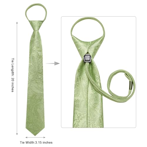Image of Hi-Tie Zipper Sage Green Paisley Ties for Men Adjustable Pre-Tied Necktie Lapel Pin Pocket Square Cufflinks Set