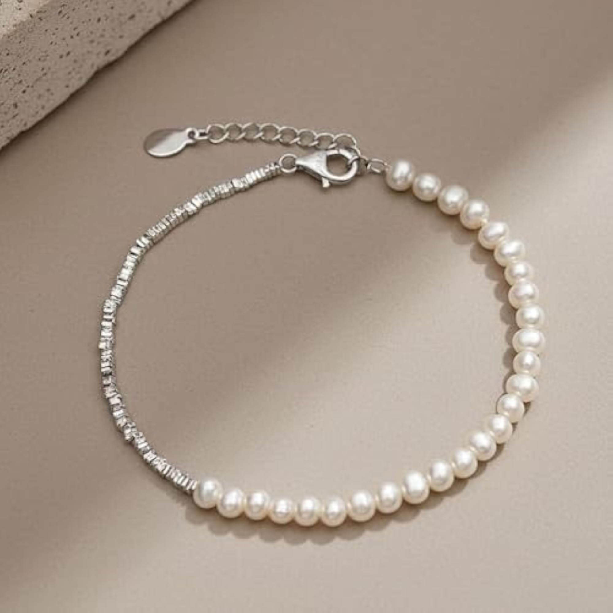 Pure 925 Silver Pearl Station Bracelet for Women