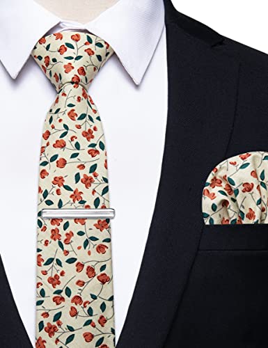 Image of YourTies Cotton Floral Tie for Men 2.5 inch Printed Skinny Necktie Pocket Square Tie Clip Set Flower Wedding Party Groom