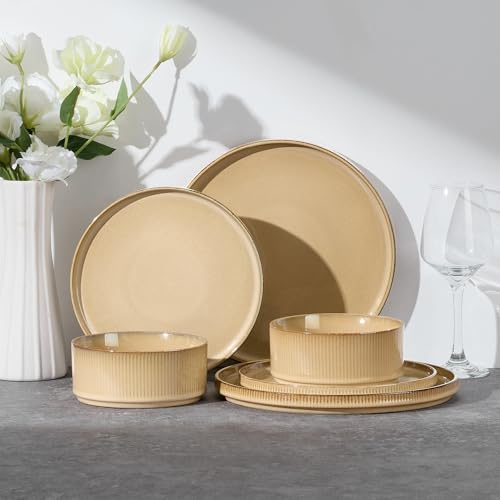 Image of E-far Stoneware Dinnerware Sets for 2, 6-Piece Plates and Bowls Sets, Chip & Scratch Resistant Ribbed Dish Set for Home Restaurant, Microwave & Dishwasher Safe, Caramel Khaki