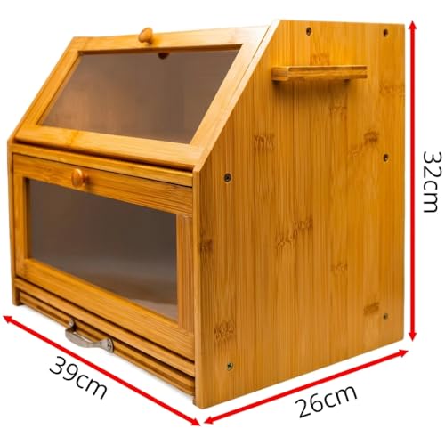 Maison Des Cadeaux Dual Compartment Bamboo Bread Bin Storage Rack with Sliding Chopping Board - Image 6