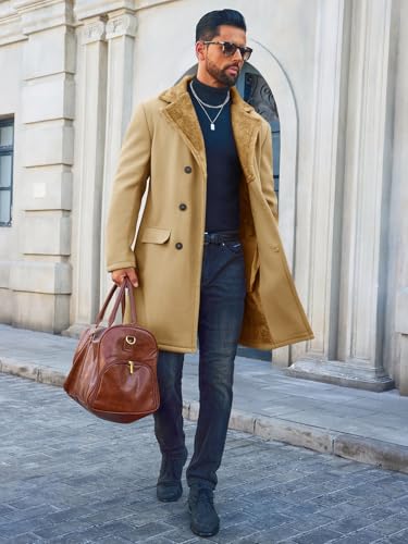 Image of Runcati Mens Trench Coat Double Breasted Notched Collar Fleece Jacket Slim Fit Fall Winter Fuzzy Pea Coats Warm Overcoat