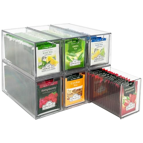 AZEZO 6-Pack Tea Bag Drawers Organizer - 6 Clear Plastic Drawer Tea Bag Holder; Stackable & Portable; Wider Size; Well-Organized Storage for Tea Bags Storage ChestsHigh Volume