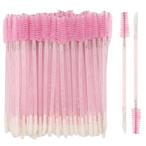 100 Pcs Dual Ended Eyelash Brush Lip Brush, Disposable Mascara Wands Spoolie Lipstick Applicator Portable Makeup Tools for Lip Lash Extension - Pink