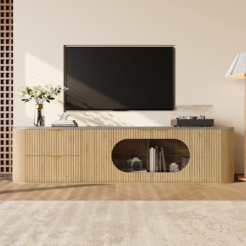 luckdect Meuble TV,Support Télé,2 Portes Vitrée,2 Tiroirs,Longueur 170cm,Meuble Télé de Salon,Armoire Basse Salle de Séjour Intérieur,Plateau à Motif marbre,Ovale